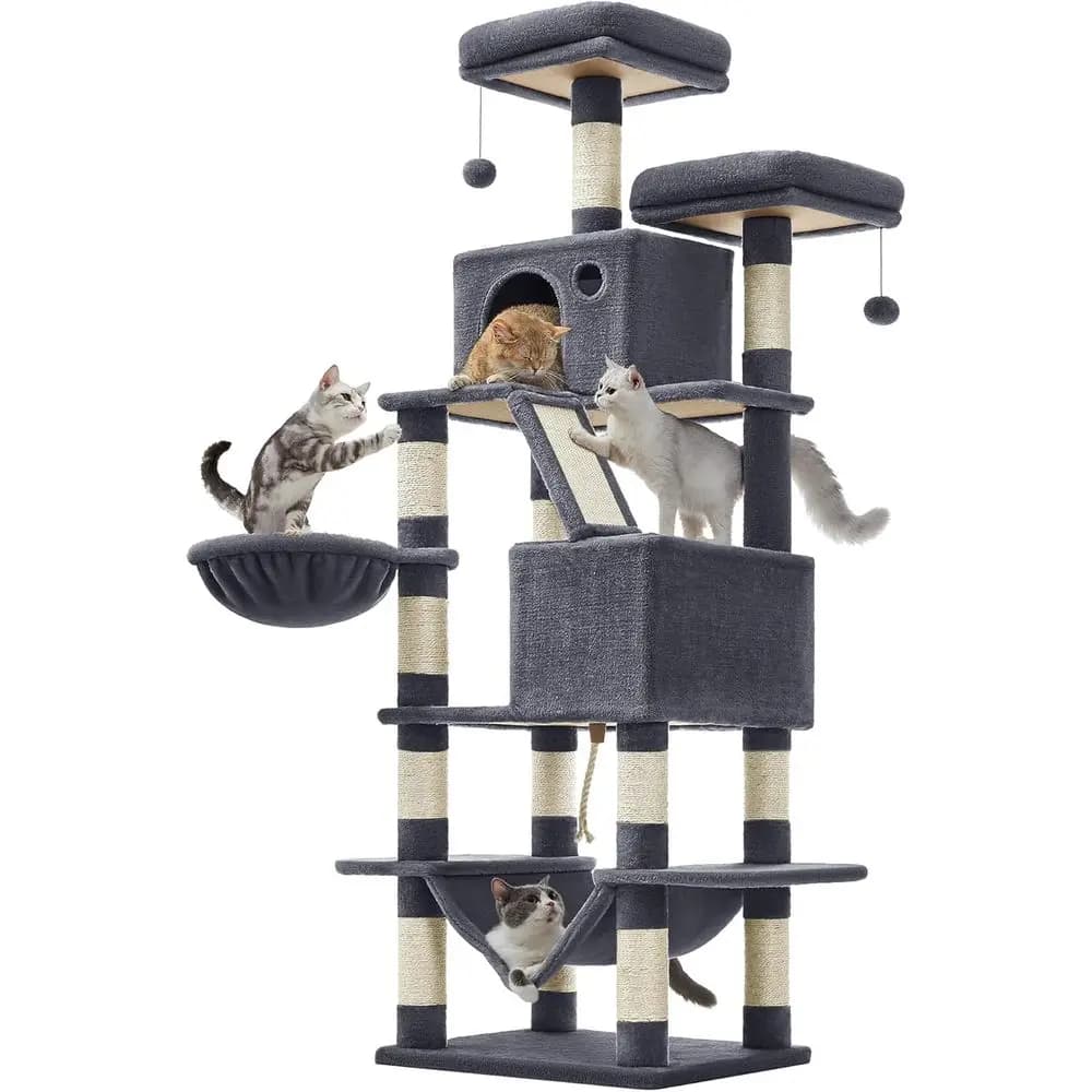 Torre per Gatti Multi-Livello Grande da 66,1 Pollici con 13 Tiragraffi, 2 Posatoi, 2 Grotte, Cesto, Amaca, Pompon, Grigio Fumo