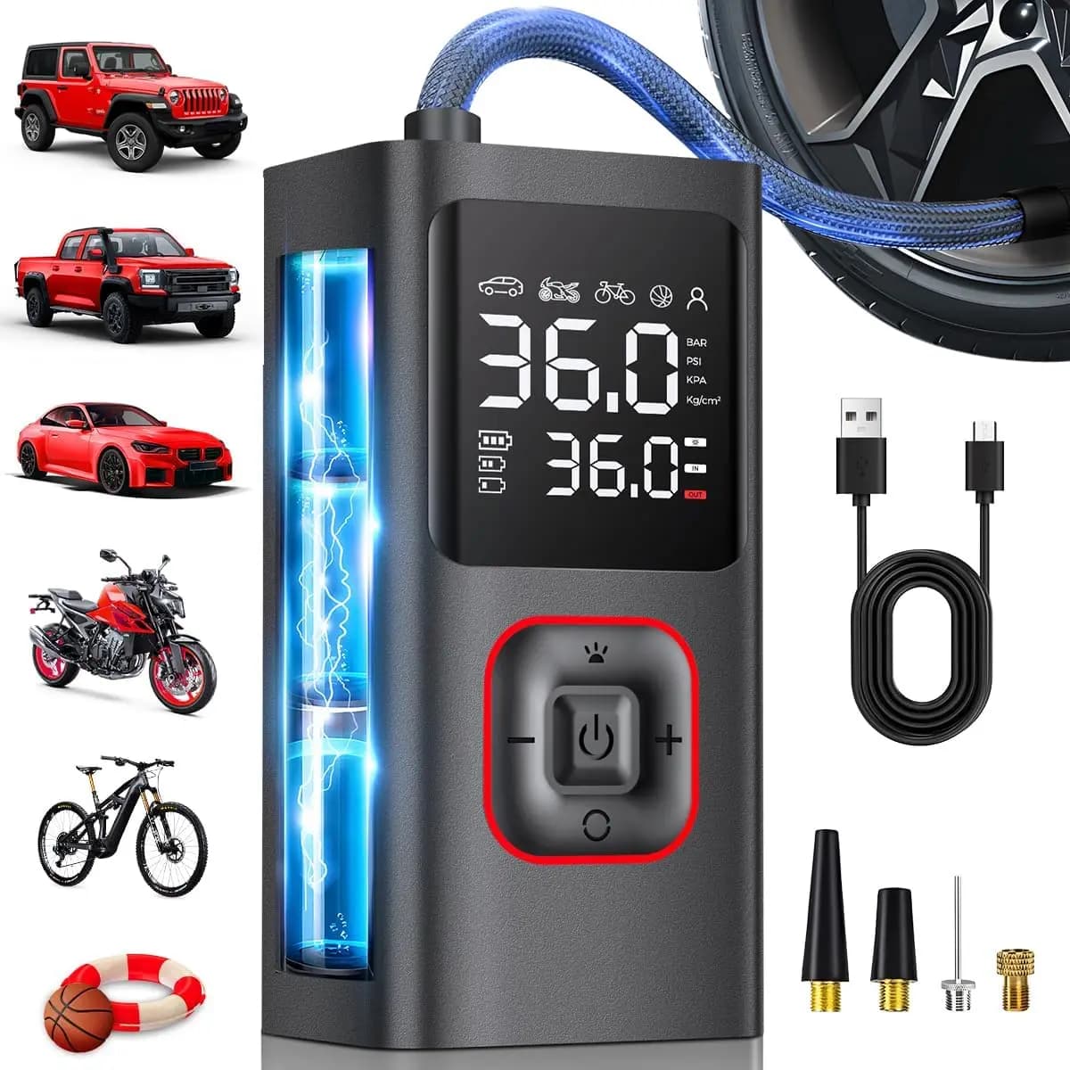 Gonfiatore portatile per pneumatici Pompa ad aria senza fili da 150 PSI con indicatore digitale, luce LED, ricarica USB per auto, bici, moto