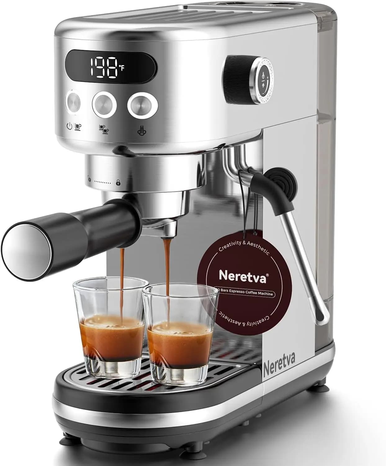 Macchina per Espresso 20 Bar Super Compatta in Acciaio Inox Professionale con Vapore Potente e LED
