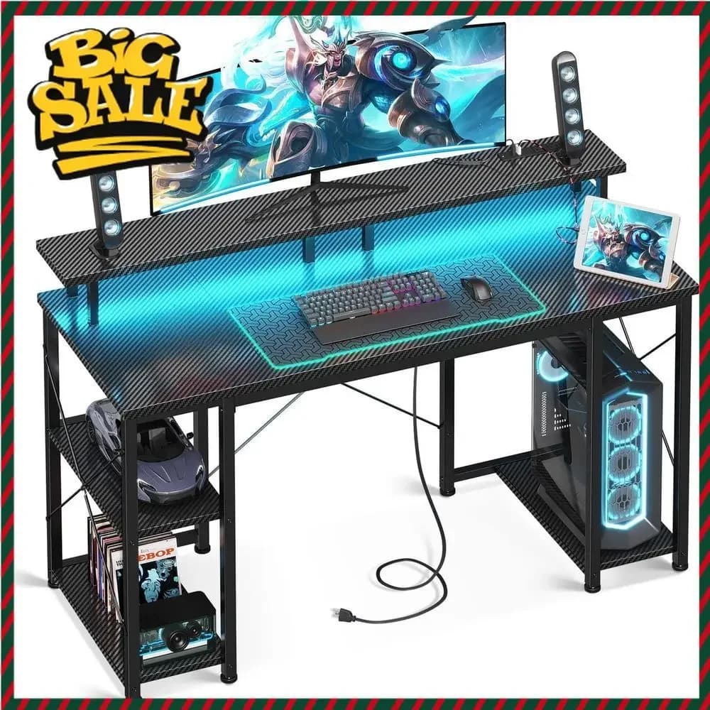 Bestseller Scrivania da Gaming con 48 LED, Supporto Monitor e Ripiani Portaoggetti, Elegante in Fibra di Carbonio Nera per Casa/Ufficio