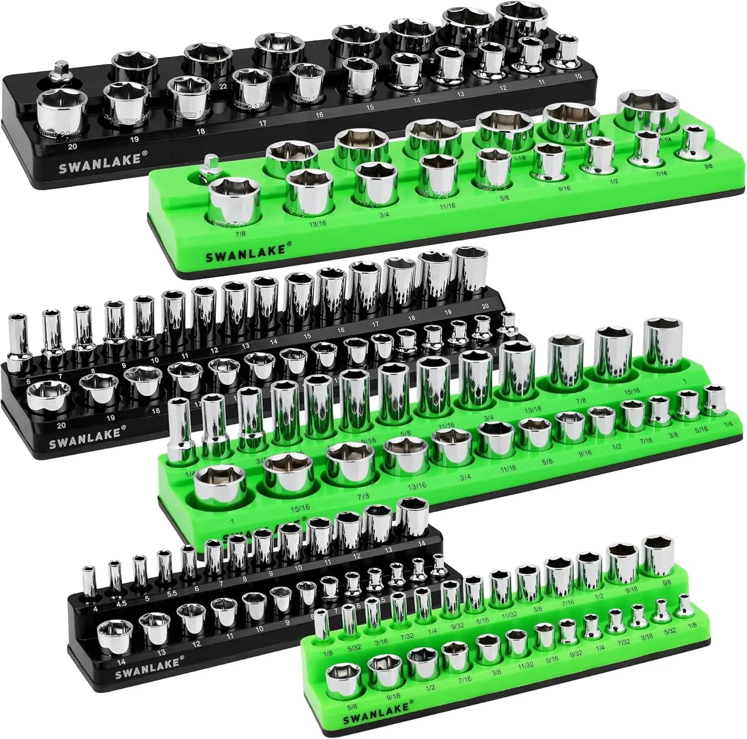 Set di 6 Organizzatori Magnetici per Chiavi a Bussola con 143 Scomparti, Copertura in Gomma Morbida per Conservazione Utensili in Nero e Verde