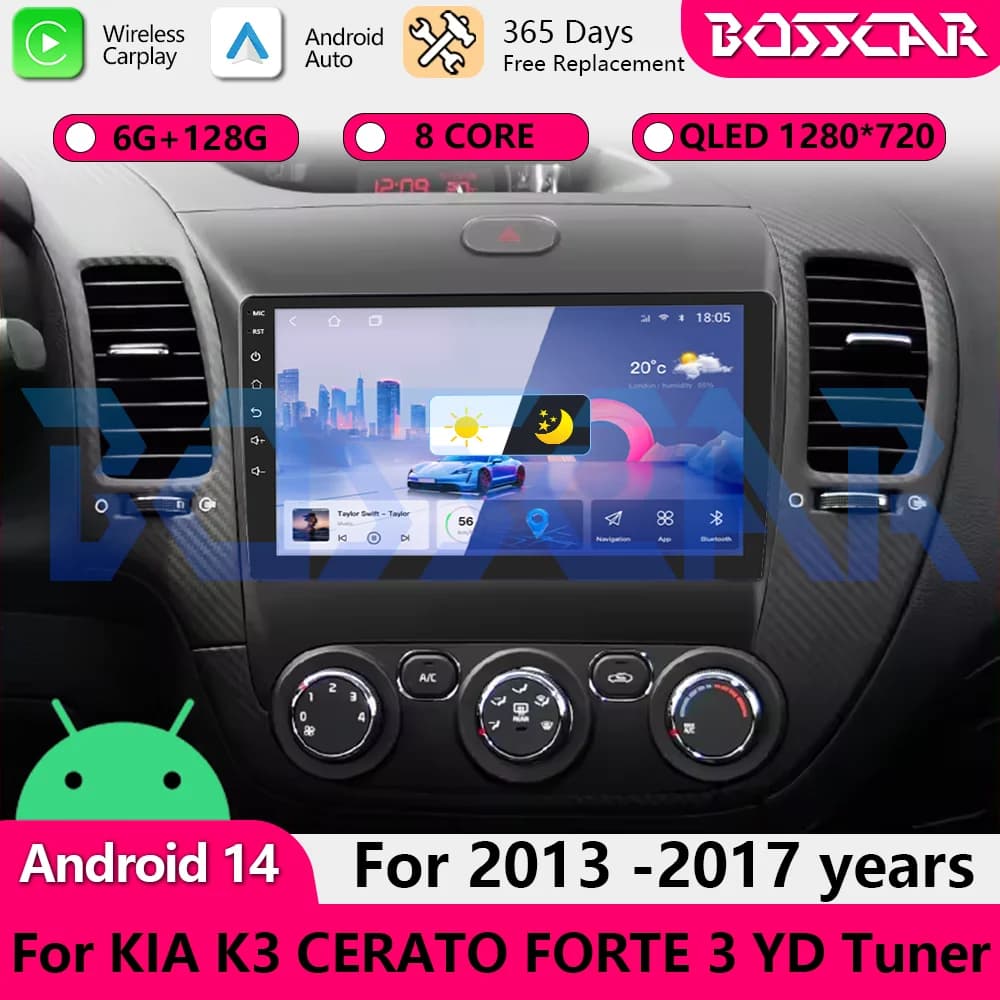 BOSSCAR Android Auto Carplay Per KIA K3 CERATO FORTE 3 YD Sintonizzatore 2013-2017 Multimedia Autoradio Lettore Video WIFI + 4G DSP schermo
