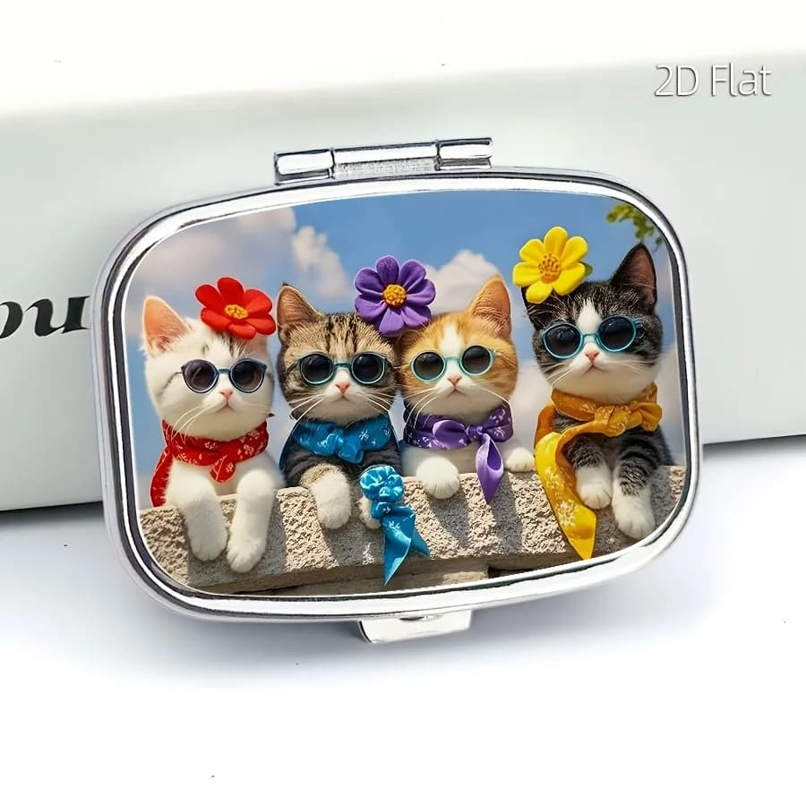 A cute and stylish square portable box, a vitamin storage box that can be placed in a bag or purse, a small multi-functional metal pill box for jewelry storage, an essential travel organizer, and a unique holiday gift option. Flat printing, flat surface