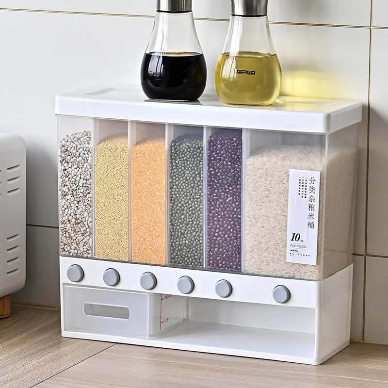 Dispenser per riso Dispenser per alimenti Tamburo di riso 6 griglie Conservazione Dispenser per alimenti secchi Conservazione di cereali Scatola per alimenti per frutta secca