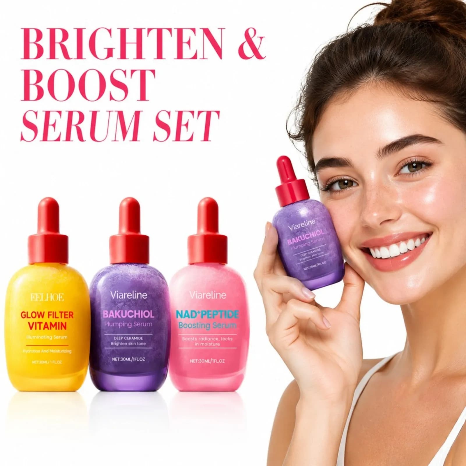 Glow Filter Vitamin Serum+BAKUCHIOL Pulmping Serum+NAD*PEPTIDE Boosting Serum Brightening Hydrating Firming Korean Skincare Set