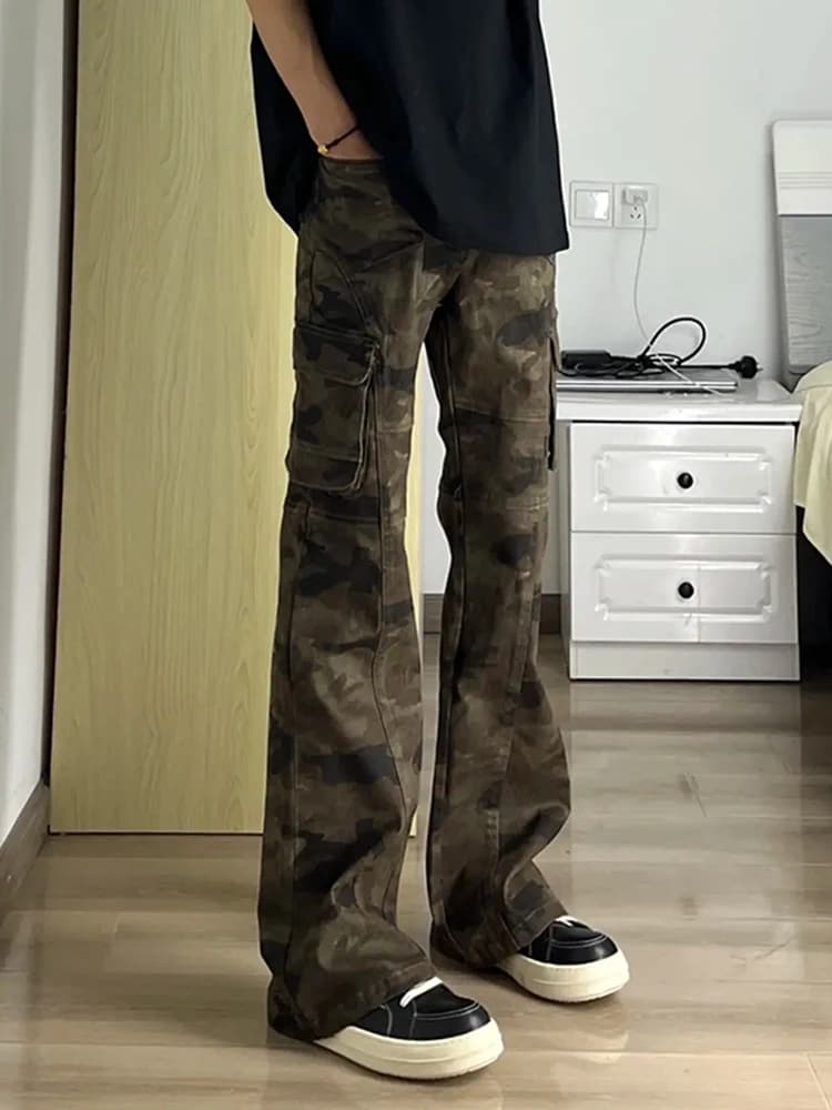 American High Street Sle Men's Camouflage Work Pants Multiple kets Spring CleanFit Knife Flare Jeans Youth Trend Cotton ...