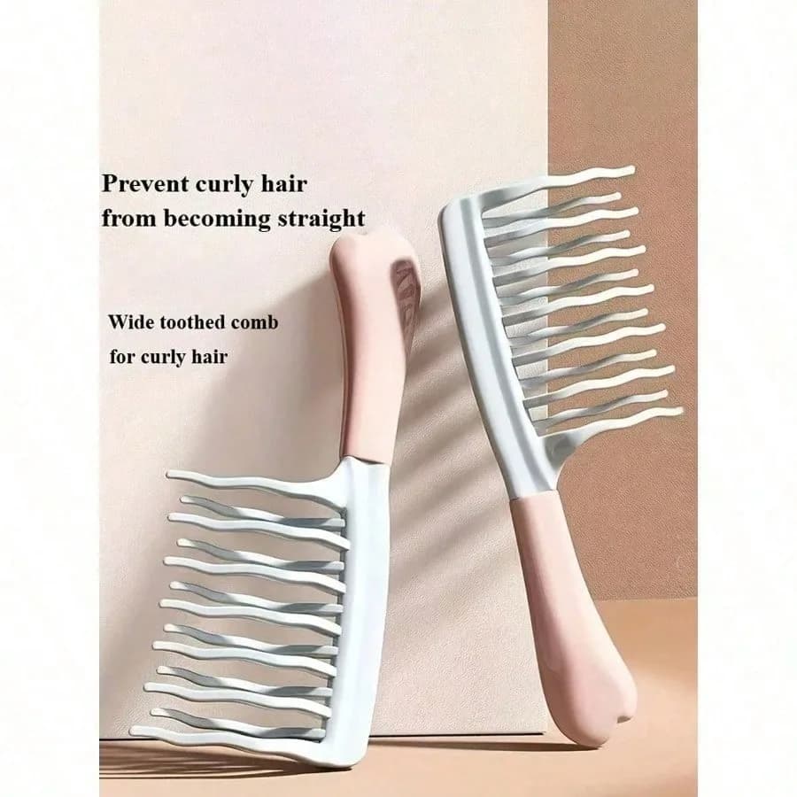 1pc Set Of Dual Wide-Tooth Hair Combs, Ideal For Long Curls & Voluminous Styles - Stylish Black & Light Blue Combs With ABS Hand