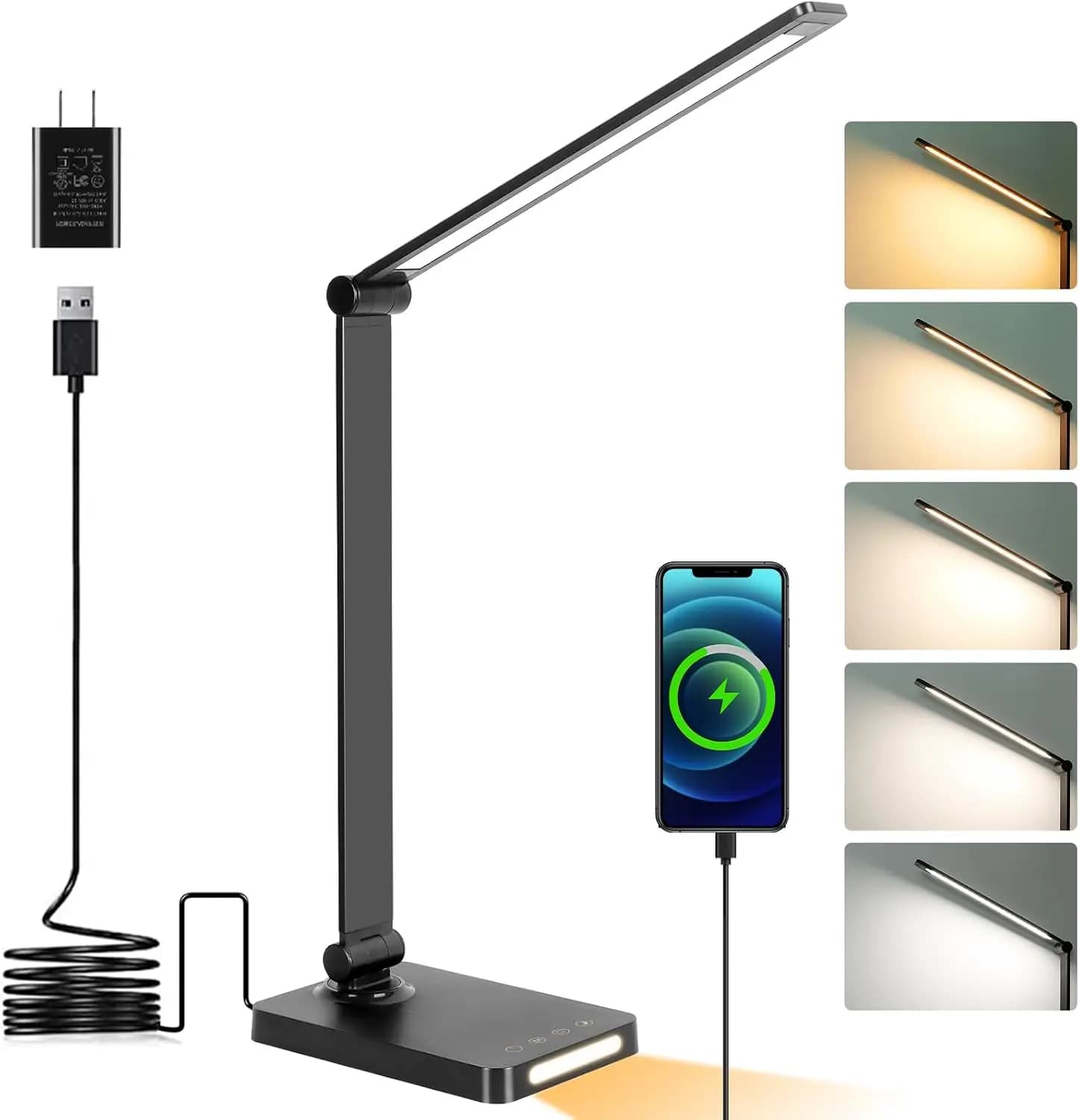 LED Desk Lamp with USB Ports, Touch Control, 5 Colors & 3 Brightness, Foldable, Night Light for Home Office