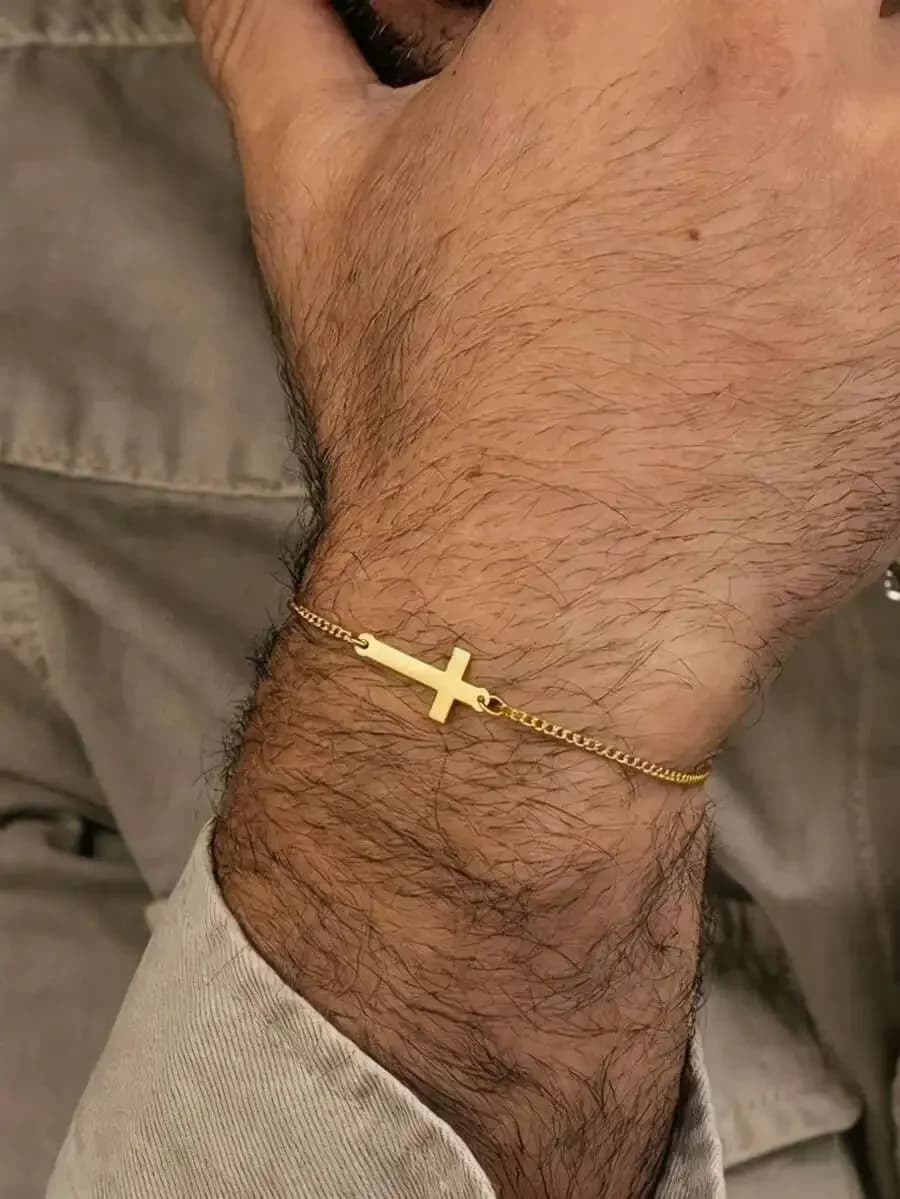 18K gold plated stainless steel cross bracelet for men — minimalist spiritual accessory, perfect for daily wear or holidays like