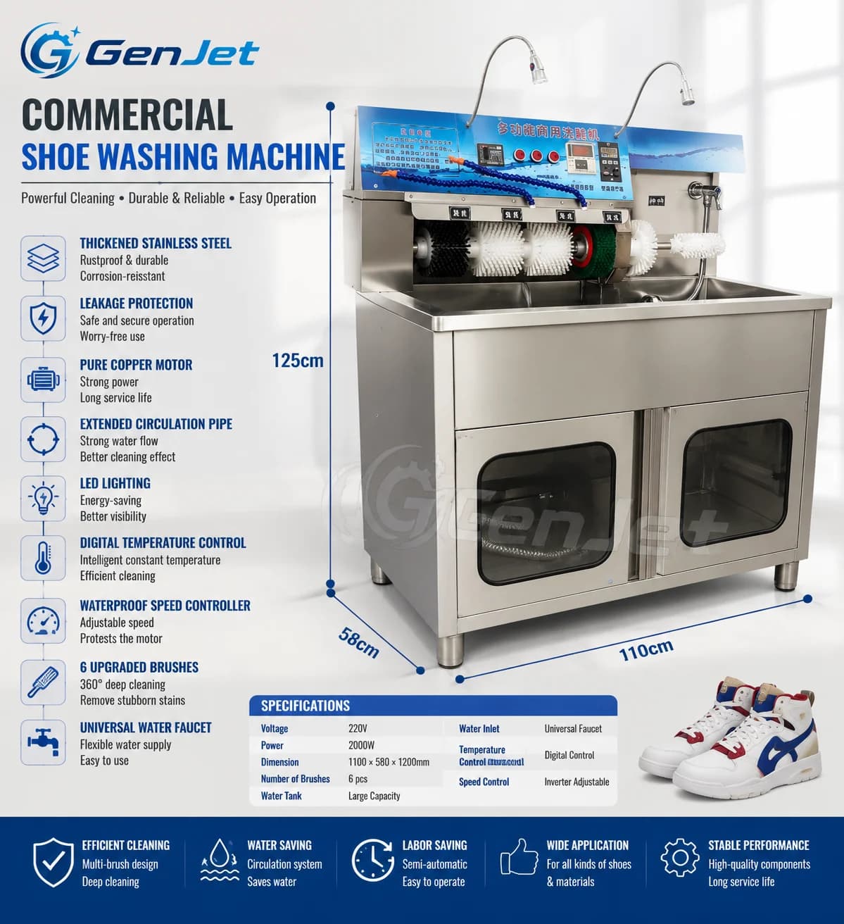 Electric Integrated Shoe Cleaning Drying Machine 2000W Brush Roller Washer Stainless Steel Cabinet for Sneaker Care Business