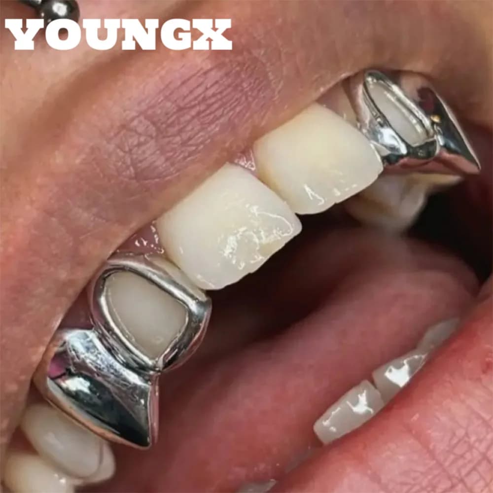 YOUNGX Hip Hop Doppio Cavo Lucido Tappi di Denti Per Le Donne Degli Uomini Gioielli Vintage Bocca Denti Griglie Halloween Vampiro Regalo Cosplay