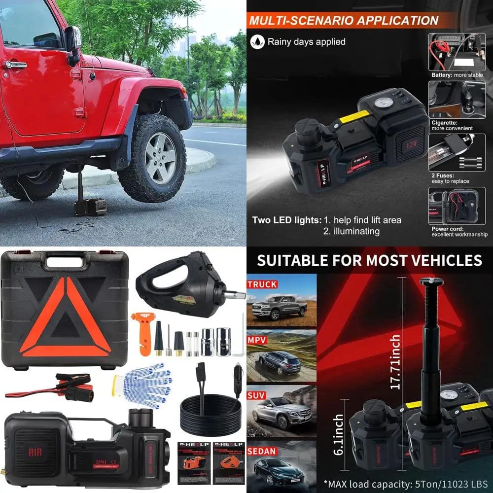 Cric per auto elettrica portatile da 12 V, capacità di 5 tonnellate, campo di sollevamento da 6,1-17,7 pollici, gonfiatore e avvitatore a percussione inclusi per il cambio dei pneumatici e