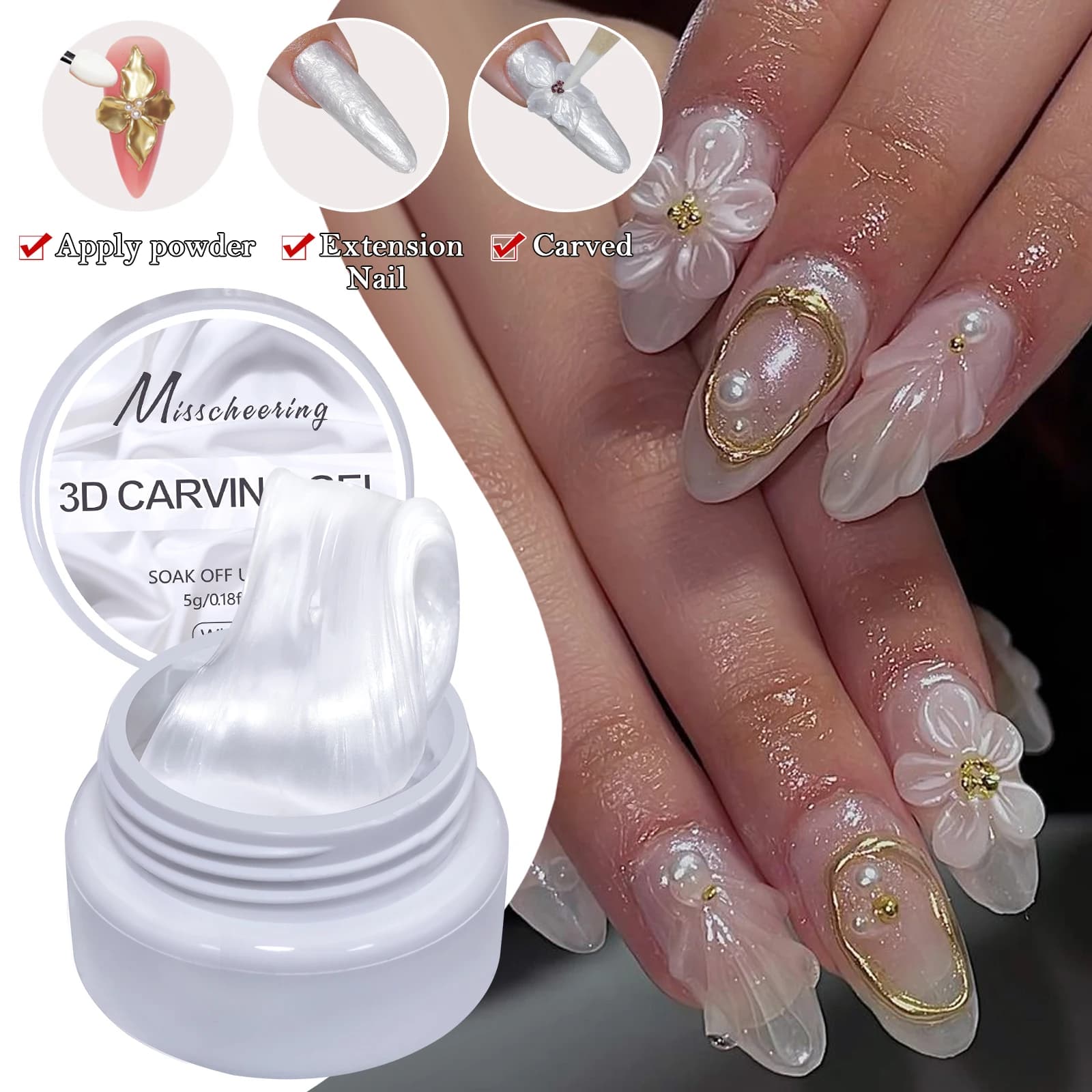 5g White Pearlescent Satin Carving Glue Non-Stick Solid Extension Glue 3d Carving Flower Acrylic Gel Varnish Diy Nail Art Design