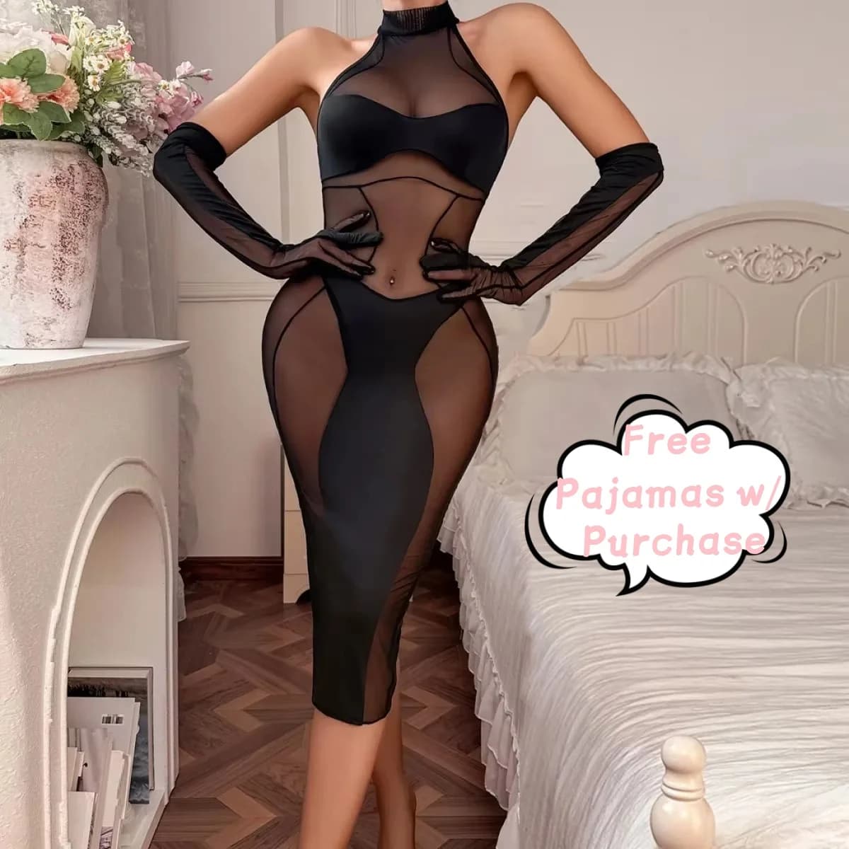 Elegante body in rete di San Valentino 2 pezzi con guanti | Perizoma trasparente con cerniera | Pigiama gratuito con acquisto