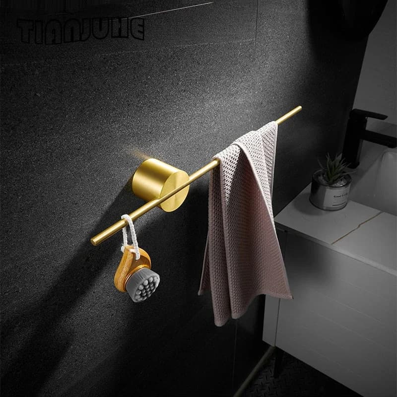 Porta Carta Igienica e Accessori, Porta Spazzolino in Legno Oro Spazzolato, Porta Asciugamani da Bagno Nero Montato a Parete, Appendiabiti Mobile per Bagno