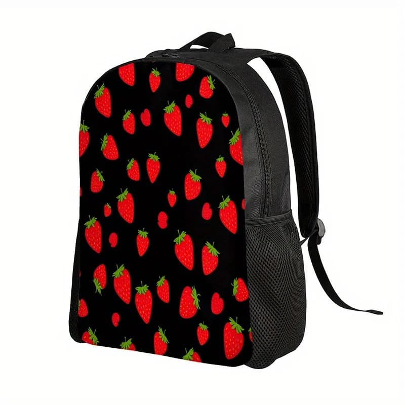 Girl's backpack with strawberries print and heart cutout - pretty design with strawberries and leaves, adjustable shoulder strap