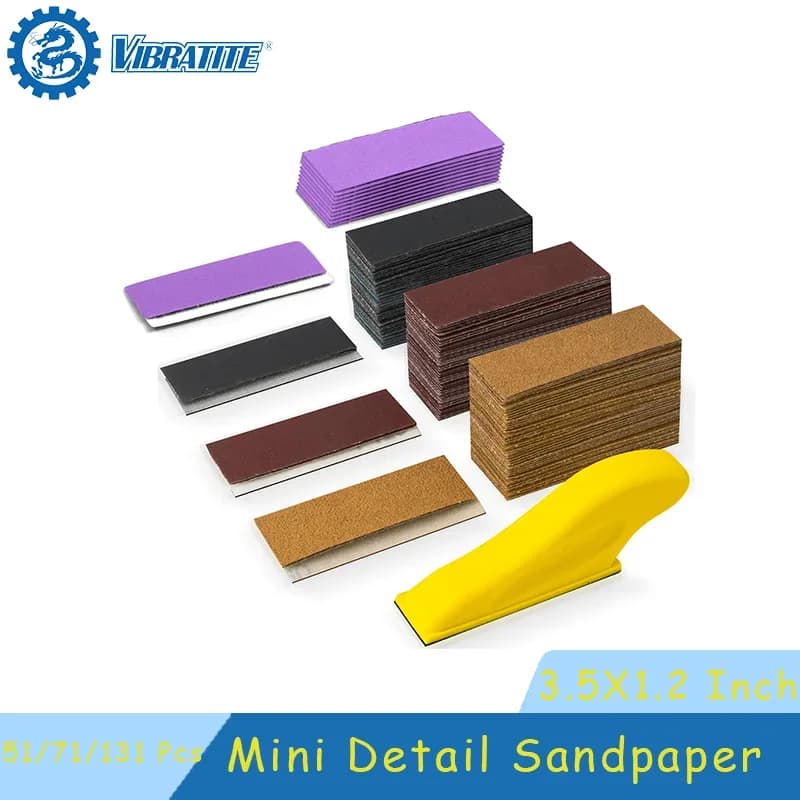 Kit mini carta vetrata da 3,5 x 1,2 pollici 51/71/131 pezzi con blocco di levigatura a gancio e anello assortiti di grana 40-2000 per lucidare la carrozzeria dell'auto