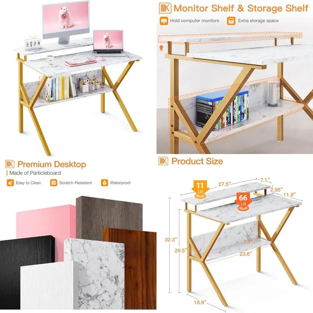 Piccola scrivania, scrivania per computer da 27,5 pollici per piccoli spazi, scrivania per bambini con contenitore, tavolo da studio con supporto per monitor per la scuola domestica, Whi