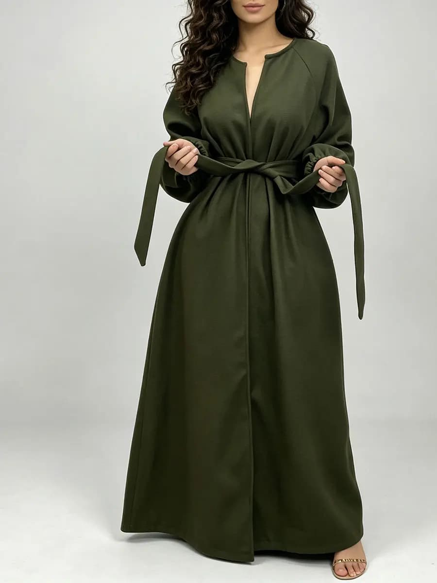 Fall Winter Modest Abaya Open Front Puff Long Sleeve Waist Belt Side Pocket Muslim Women Long Coat Islamic Daily Outerwear