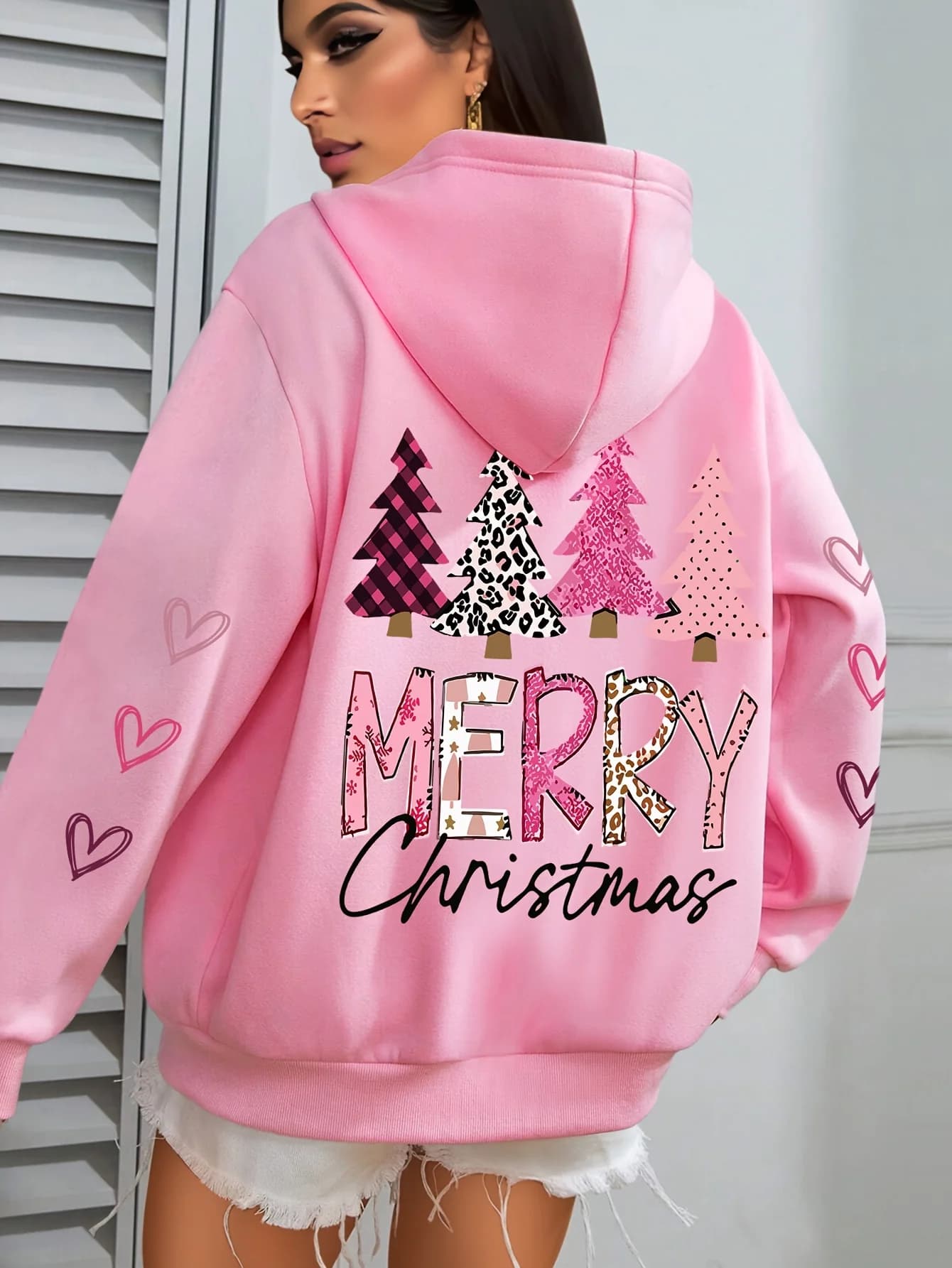 Buon Natale e l'albero Stampa da donna con cappuccio Moda calda e confortevole con cappuccio Girocollo Felpe casual in pile Abiti morbidi