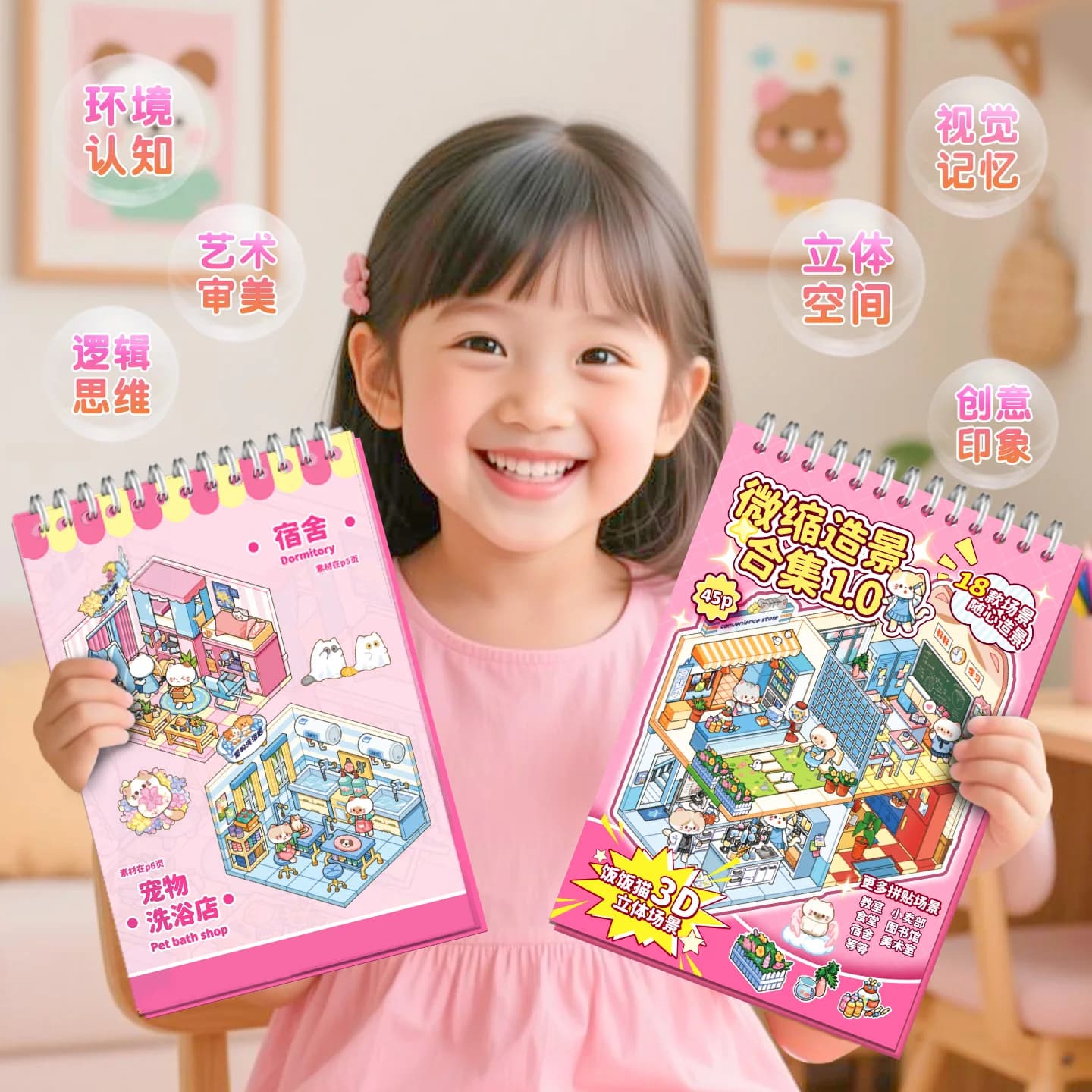 45 Sheets/BK Cute Cat Miniature 3D Diorama Coil Sticker Book for DIY Scrapbooking Phone Case Notebook Decoration