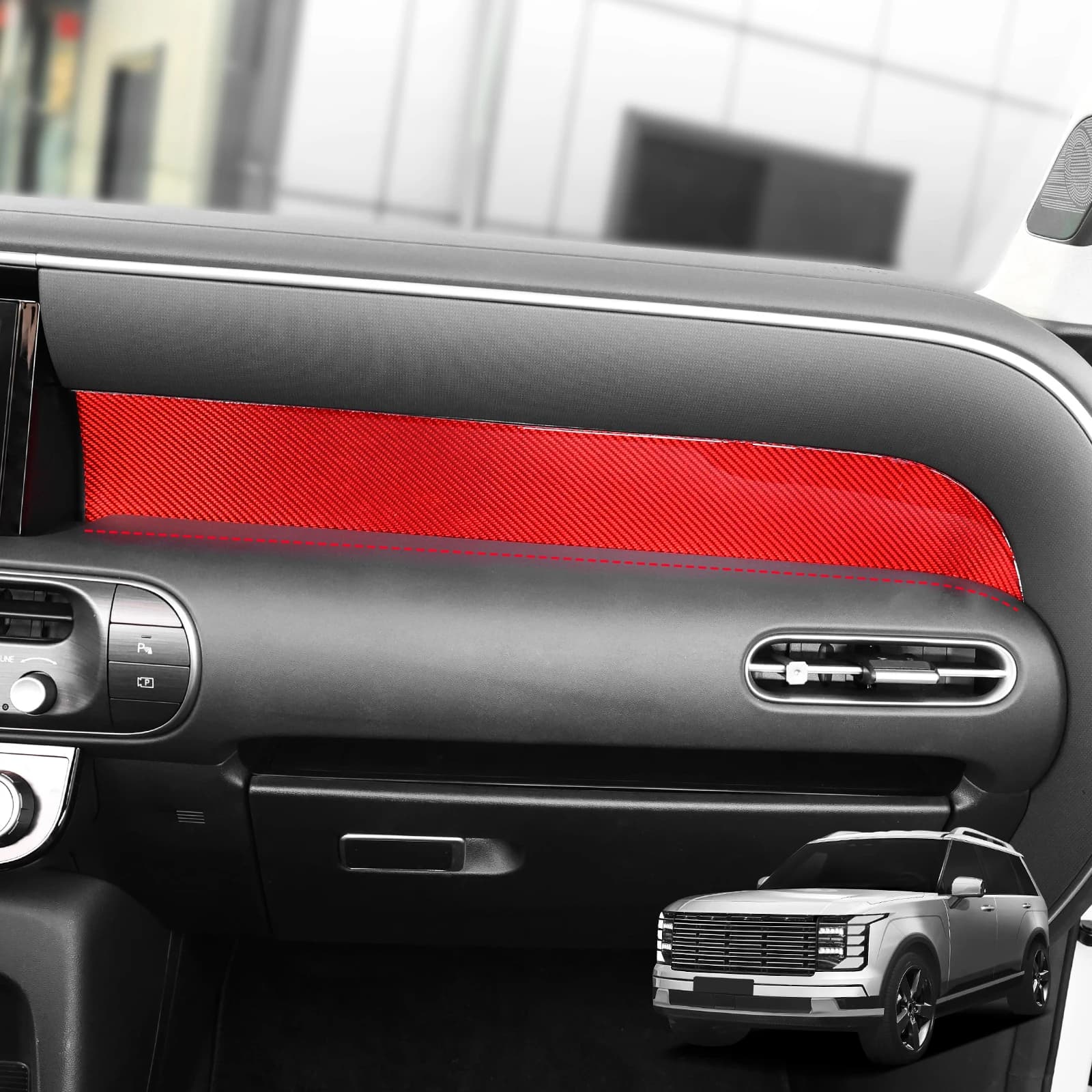 2pcs Soft Carbon Fiber Red/Black Central Dashboard Decoration Stripe Interior Sticker For Hyundai Palisade LX3 2025 2026