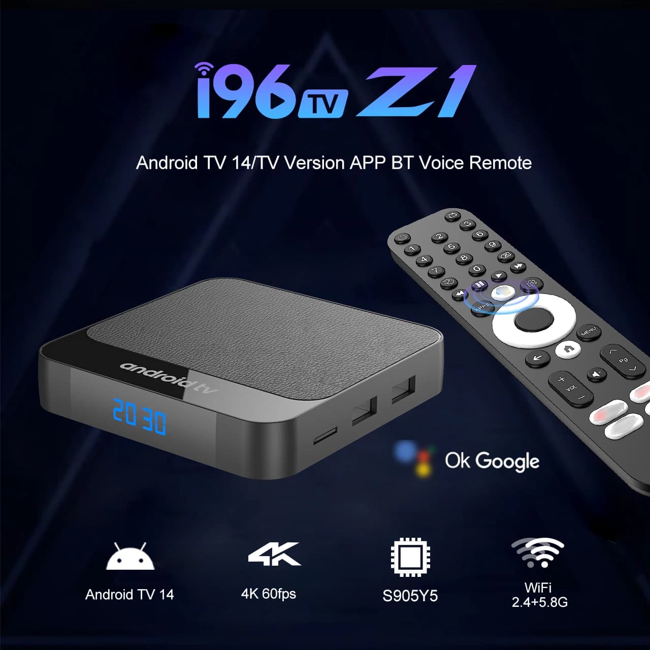 Smart TV Box I96 Z1 4+32GB Android 14 4K Decode Quad-Core Dual WiFi BT5.0 Voice Remote Supports Netflix & YouTube Home Theater