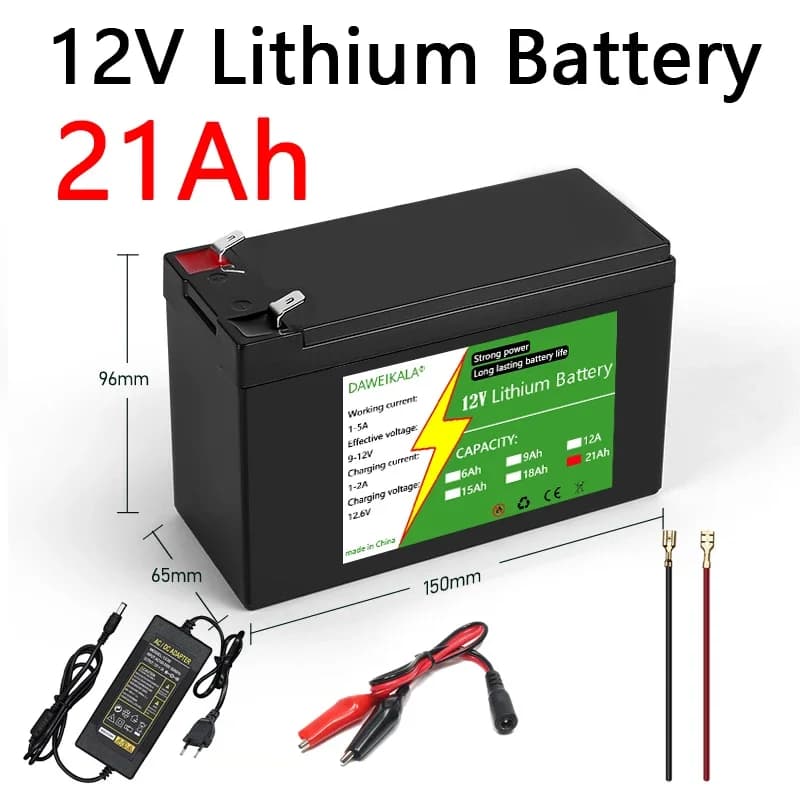 Batteria al Litio 12V 6Ah-21Ah 18650 3S7P Ricaricabile per Energia Solare e Veicoli Elettrici con Caricabatterie 12.6v 3A