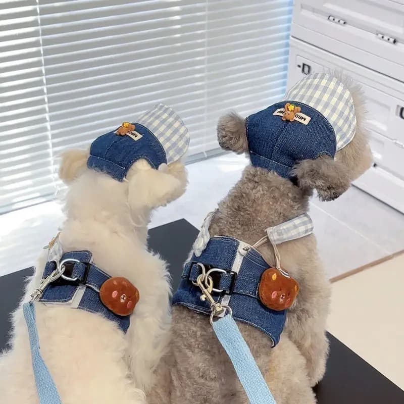 Guinzaglio per petto e schiena per animali domestici primaverili e autunnali, vestiti per cani e gatti, petto e schienale in denim, stile corto per animali domestici carino, può essere tirato