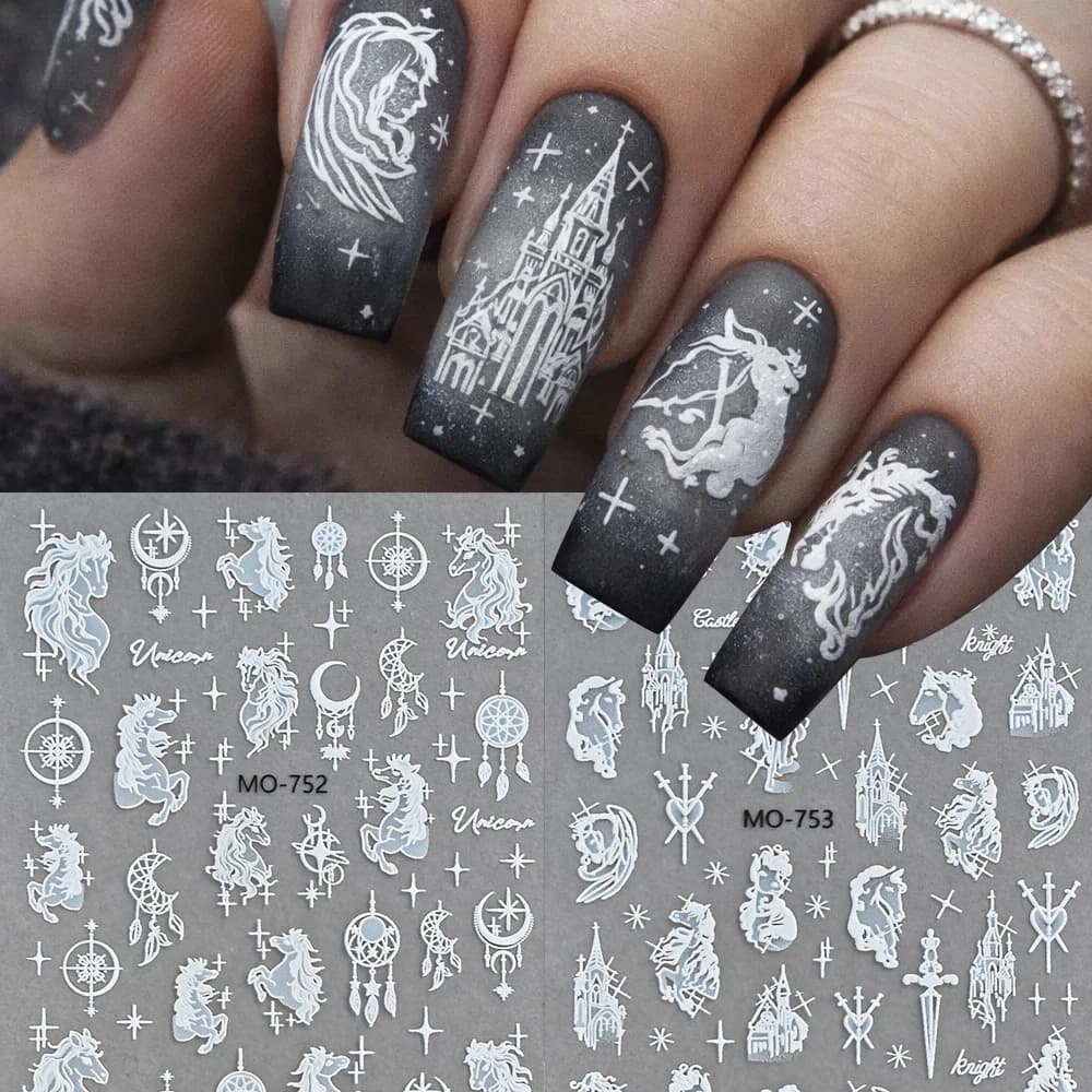 2pcs Fansy White Horse 3D Nail Art Stickers Castle Dream Catcher Patterns Adhesive Nail Decals DIY Manicure Decoration Nail Wrap
