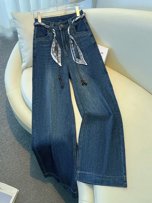 Women's Wide Leg Jeans Casual Loose Fit High Waist Denim Pants Fashionable Straight Cut Autumn New Style Ribbon Design
