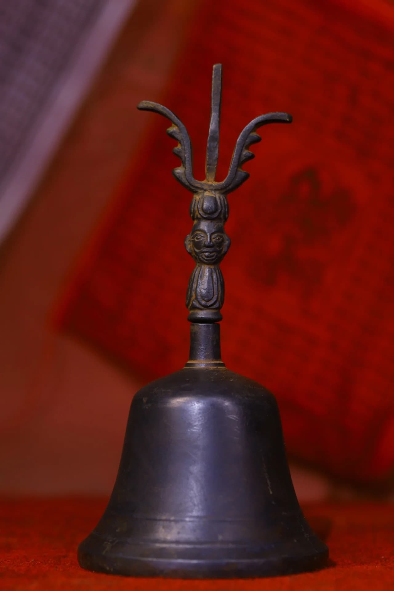 8"Tibetan Temple Collection Old Bronze Cinnabar Vajra fork shape Old Ringing Bell Amulet Dharam Town house Exorcism