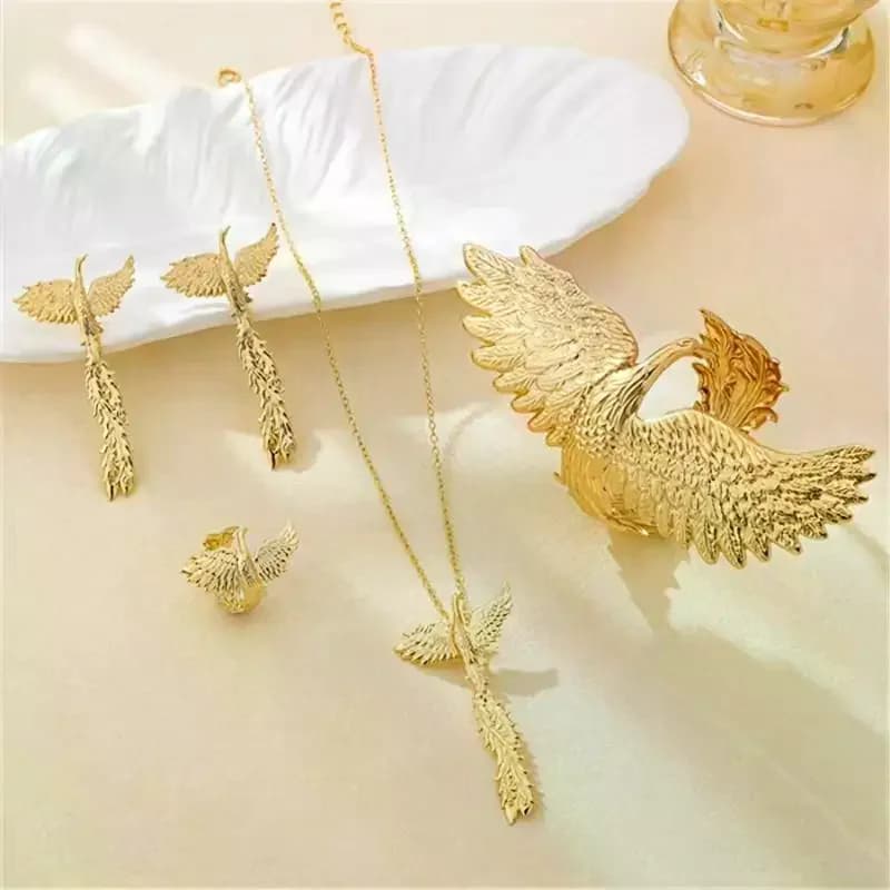 Retro Exaggerated Gold Phoenix Wings Pendant Necklace Earrings Bracelet Set For Women Luxury Personality Jewelry Sets 1/4Pcs