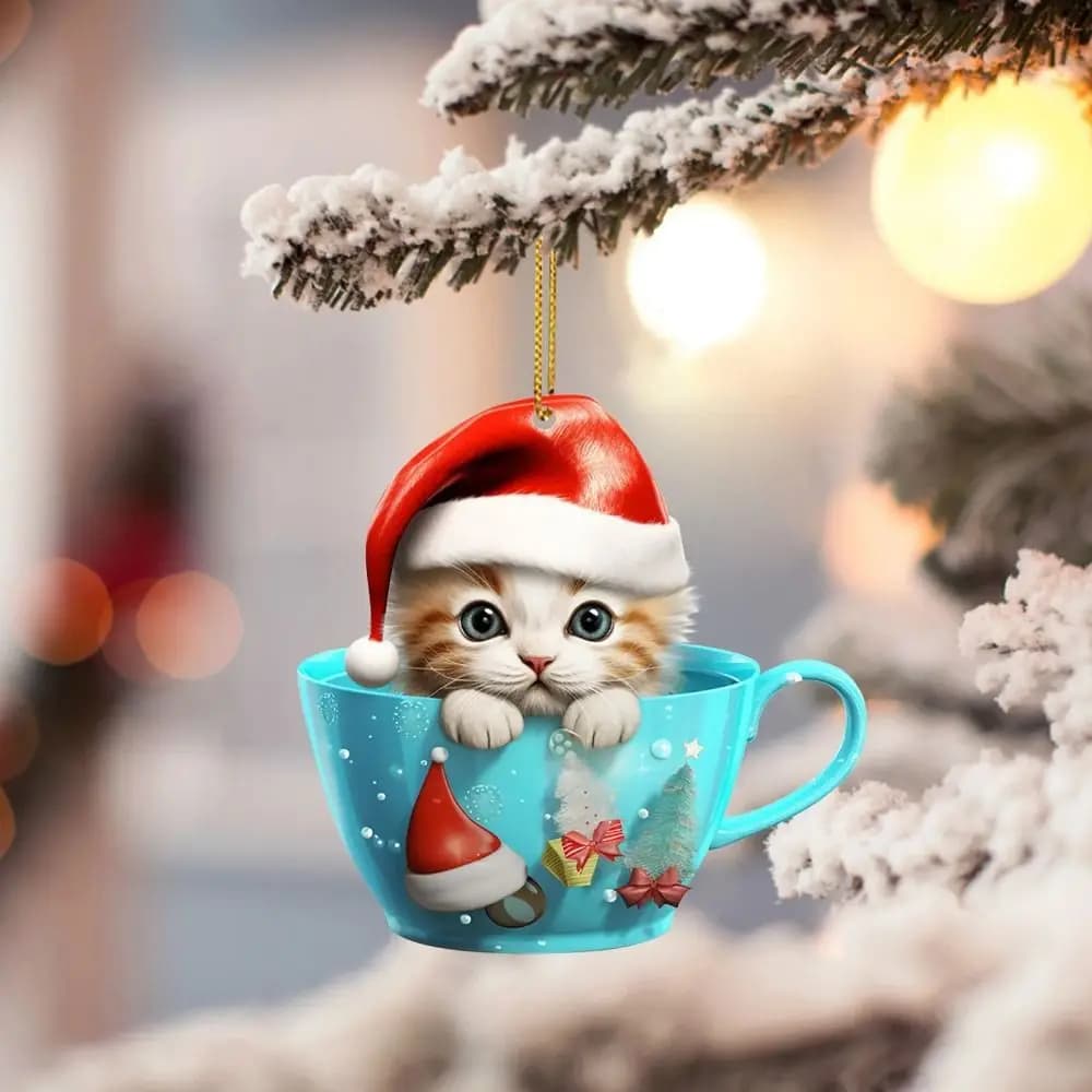 Ciondolo 2D a forma di gatto con tazza natalizia, ciondolo piatto a cartone animato per auto, ciondolo in acrilico a forma di gatto per specchietto retrovisore, per auto, albero di Natale, borsa