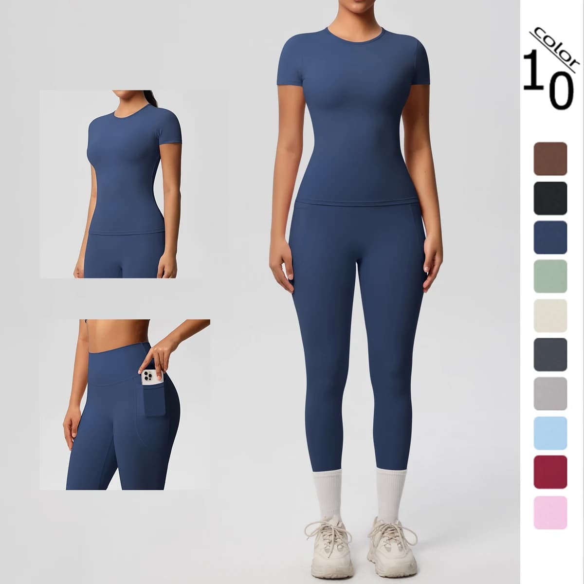 Tuta da yoga Leggings da donna con tasca Set da palestra ad asciugatura rapida Tuta da donna Corsa da allenamento Maniche corte Abbigliamento sportivo da yoga
