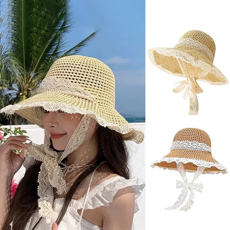 Cappello da donna con visiera in pizzo Cappello da spiaggia a tesa larga larga Cappello di paglia estivo Cappello da sole pieghevole Cappello da spiaggia con protezione UV