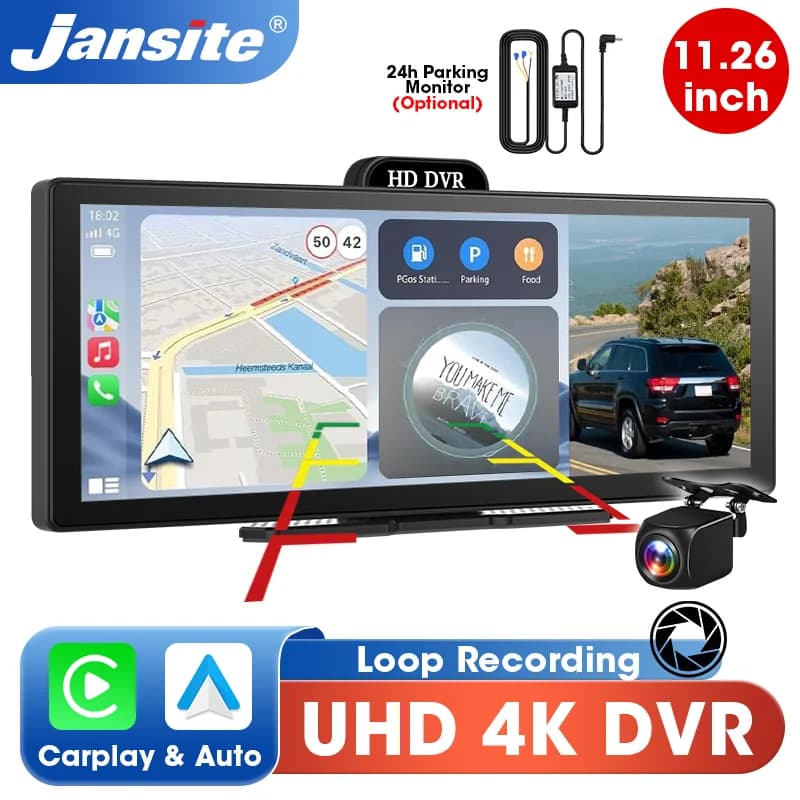 Jansite 4K Dash Cam DVR 10.26/11.26 inch Wireless CarPlay and Android Auto GPS Navigation Multimedia player AUX FM Display Screen