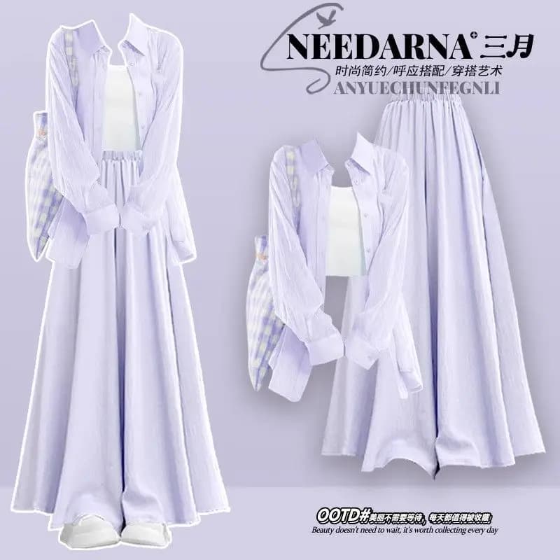 2025 New spring summer popular shirt with sun protection dopamine strap with casual skirt trousers three-piece set for women