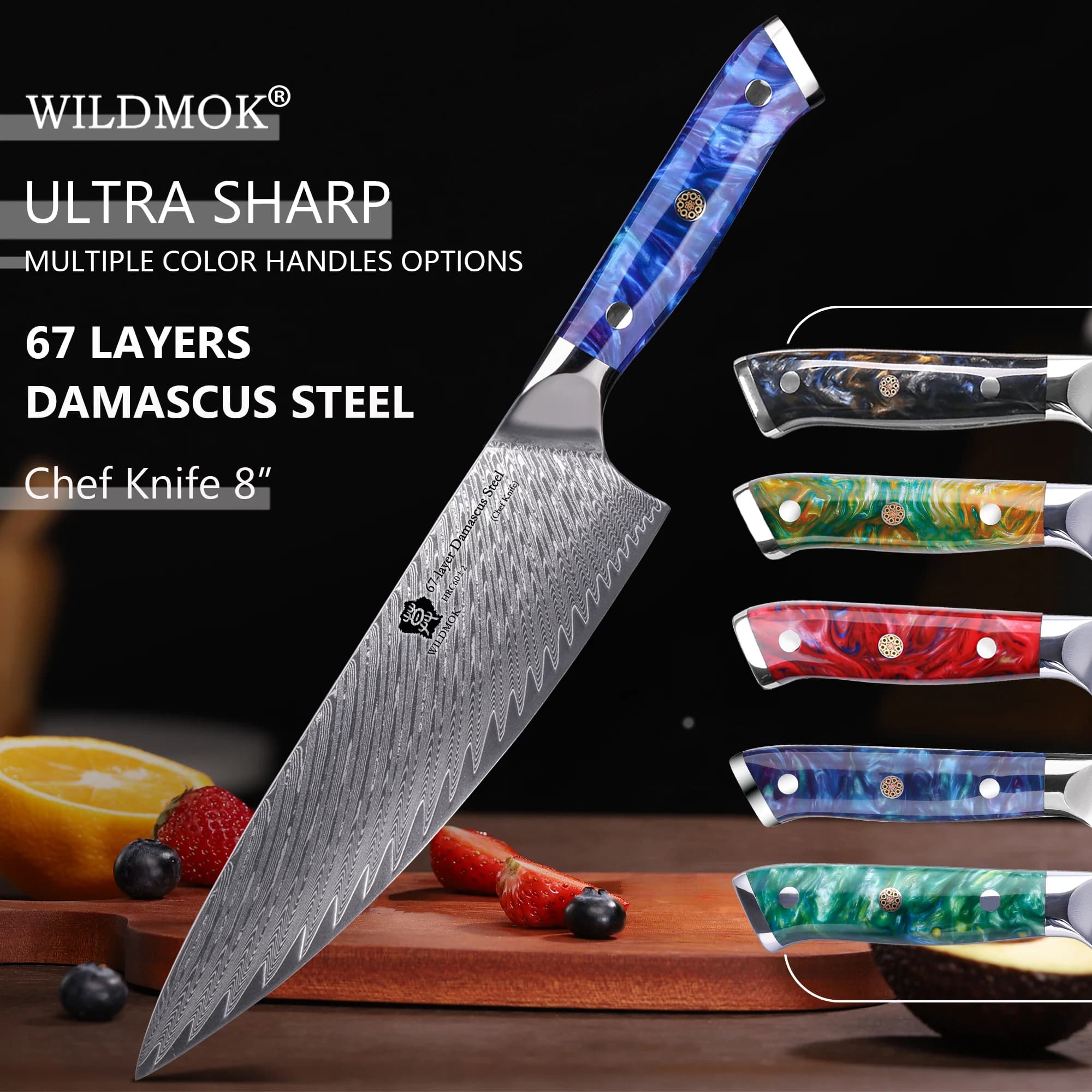 WILDMOK Coltello da chef damasco a 67 strati, coltelli da chef giapponesi da 8 pollici, coltelli da cucina giapponesi in acciaio VG10 - Manico in resina