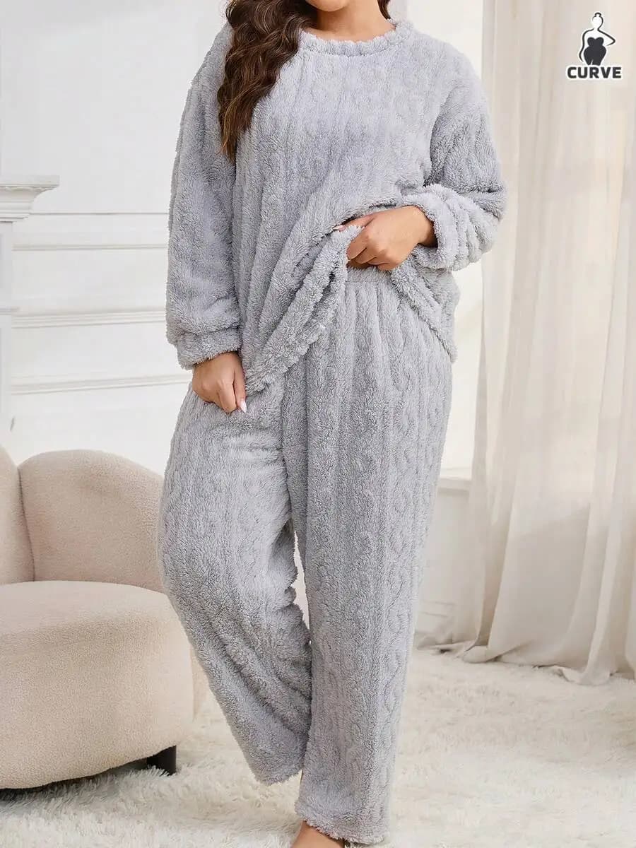 Plus Size Women Plush Jacquard Thermal Lined Warm Sleepwear Set, Autumn/Winter, Fall Clothes, Cozy Outfit, Fluffy Pajama