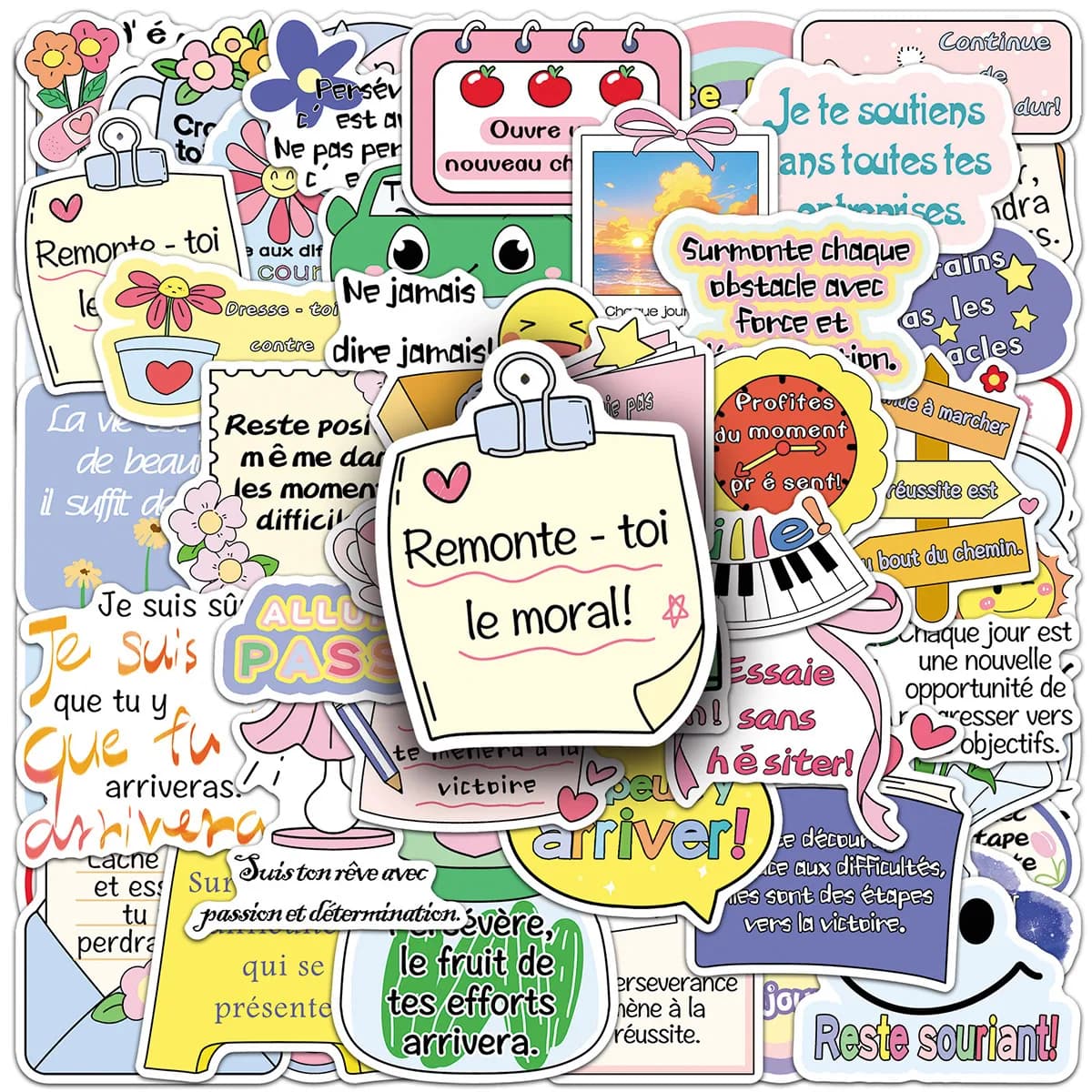 Confezione da 50 adesivi con citazione ispiratrice francese, adesivi con testo di energia positiva simpatico cartone animato, adesivi decorativi per pianificatori, quaderni, custodie per telefoni e bottiglie d'acqua