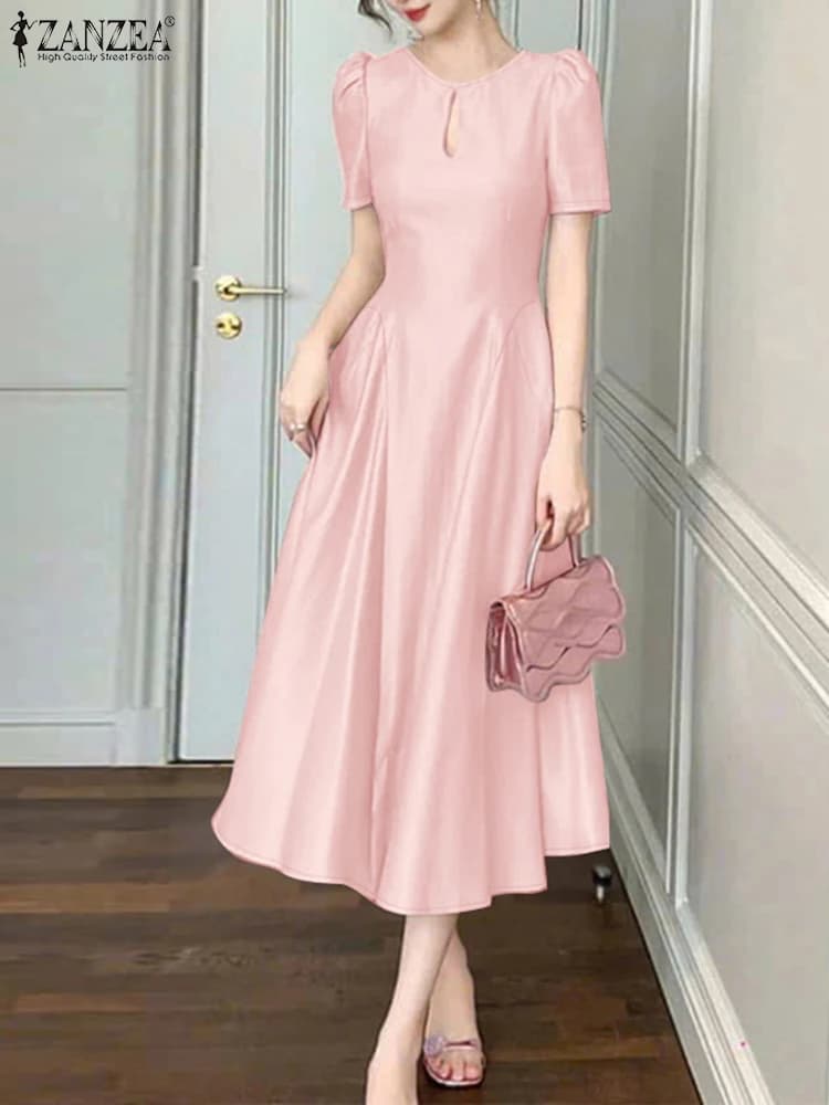 ZANZEA cocktail party dresses with short sleeves in glossy satin Elegant neck with lock hole Waiving Fashion woman Midi Robes Femme