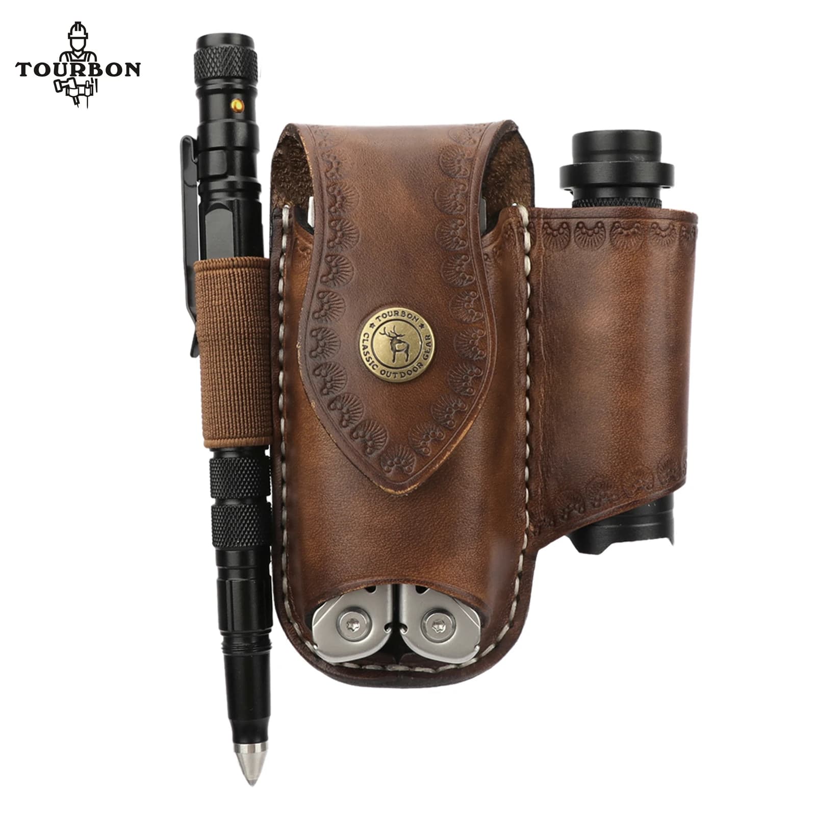 Tourbon in pelle spessa EDC Pocket Organizer Multitool guaina Clip-on Belt Solid EDC Belt Pouch guaina marrone