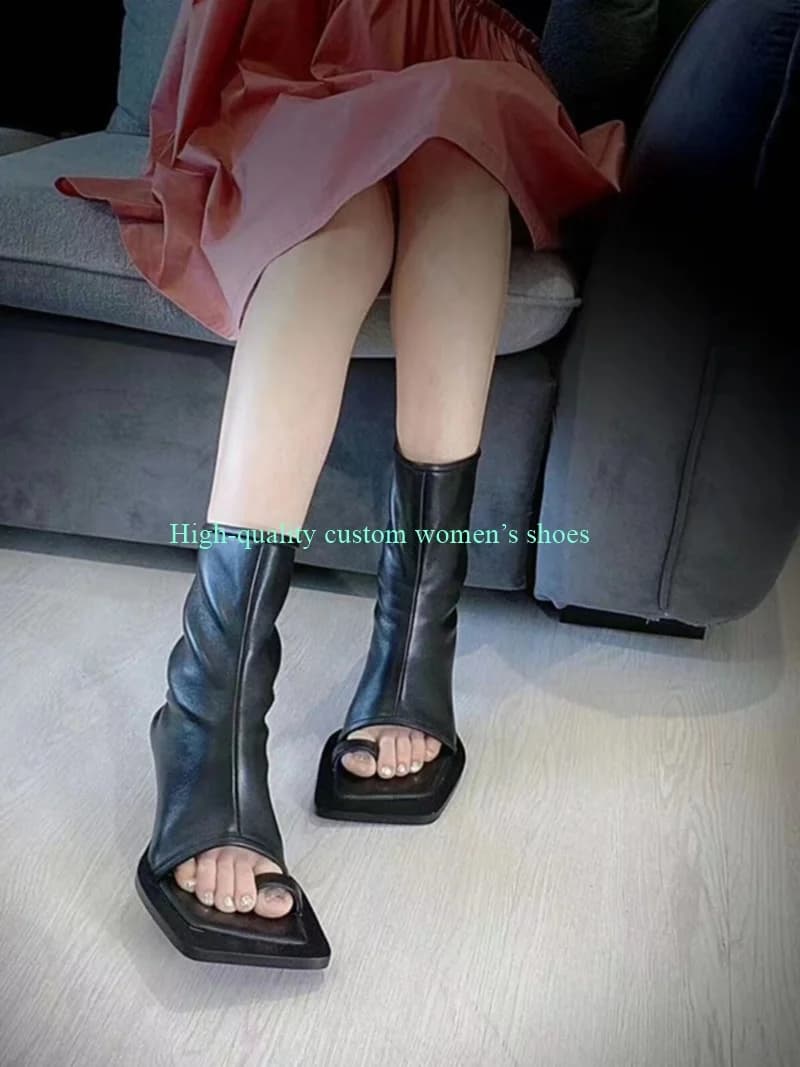 Open Toes Square Big Head Summer Boots Black Toe Pinching Soft Leather Stilettos Sandals Manual Luxury Women's Shoes