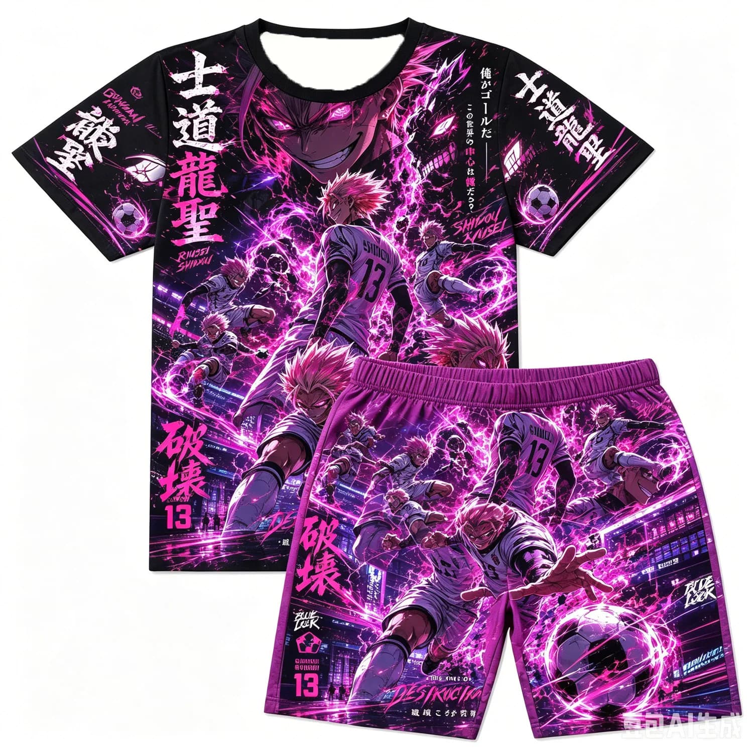 Blue Lock Shidou Ryusei Purple Lightning Soccer Print T-Shirt Shorts Set For Men Women Kids Soft Anime Summer Loungewear Pajama