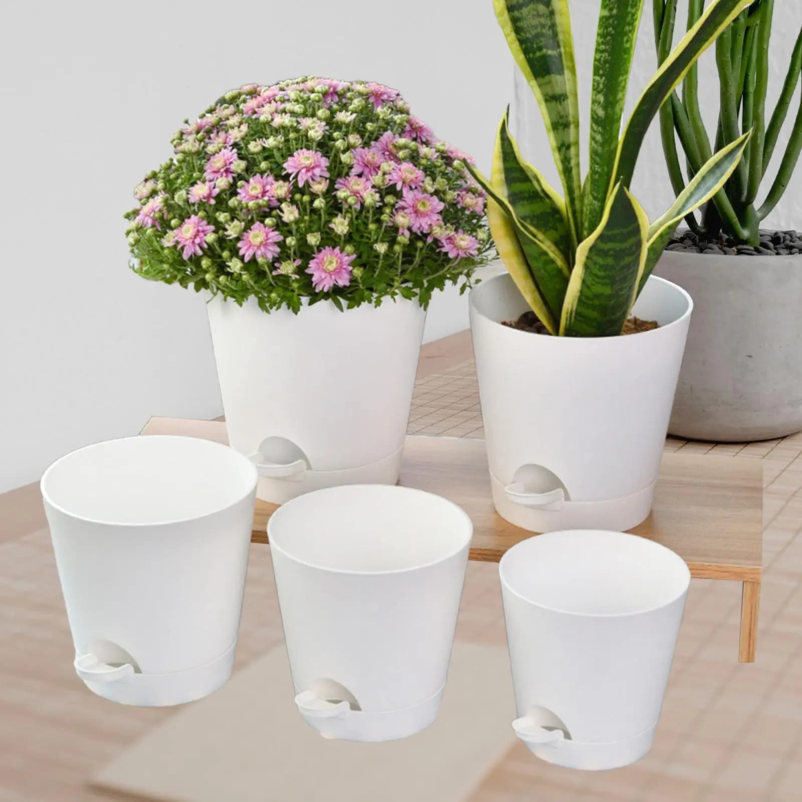 5Pcs Self Watering Planters Gardening Pots with Drainage Hole Plant Pots Flower Pots for Gardens Home Balcony Houseplants Decor