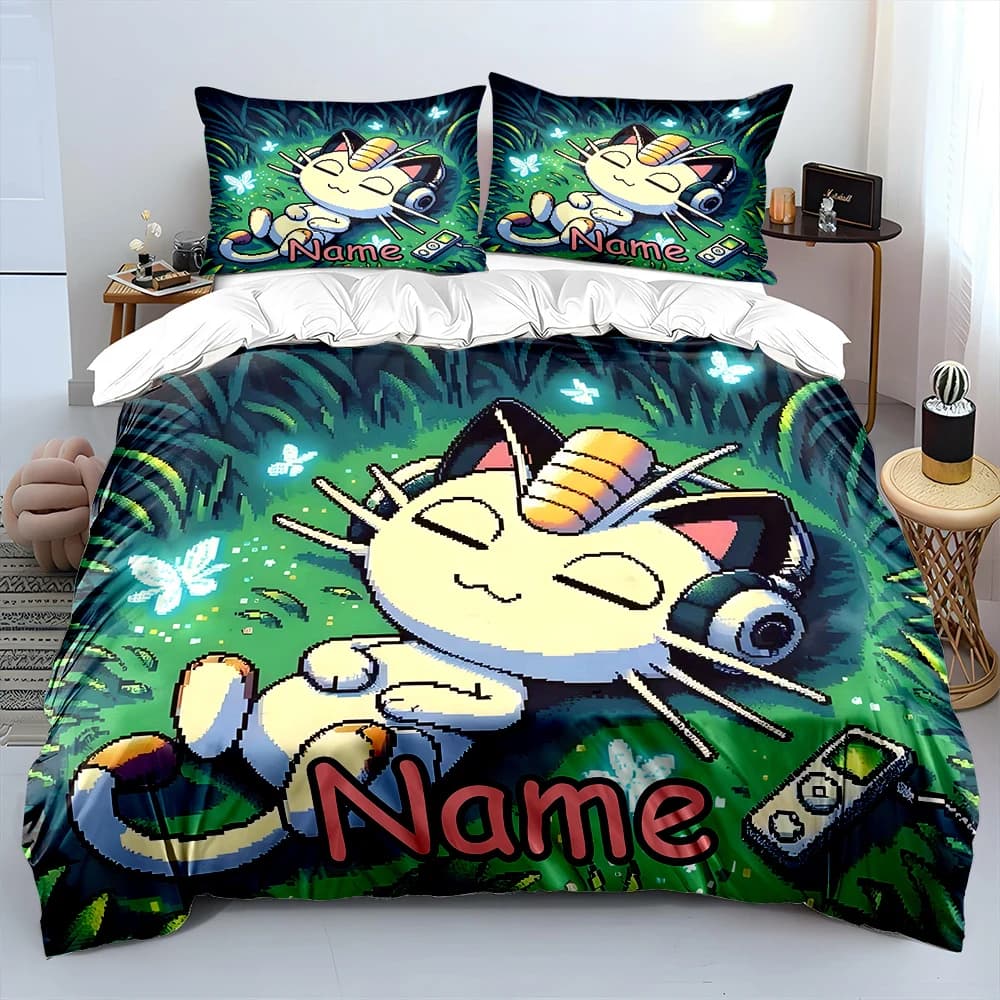 Set di Biancheria da Letto Personalizzato con Nome e Pokemon in Pixel, 1 Copripiumino e 2 Federe, Regalo di Lusso per Bambini