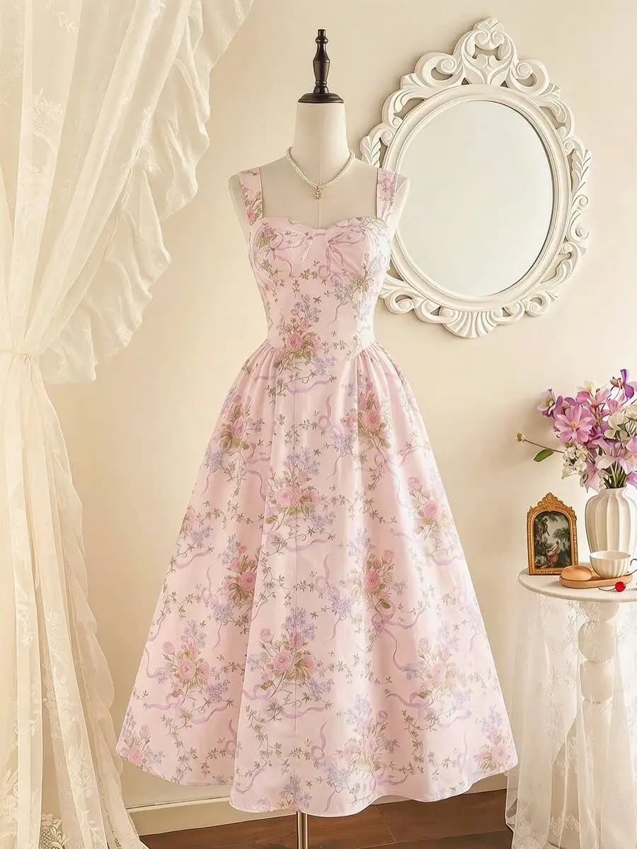 Pink Floral Vintage Tea Party Dress With Pockets Sweetheart Neckline A-Line Prom Wedding Guest Spring Outfit