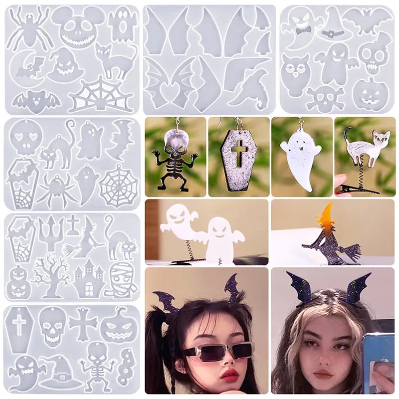 Collezione di Halloween orecchini/forcine stampi in silicone fai da te, fantasmi/mummie/zucche e altre forme, adatti per i regali