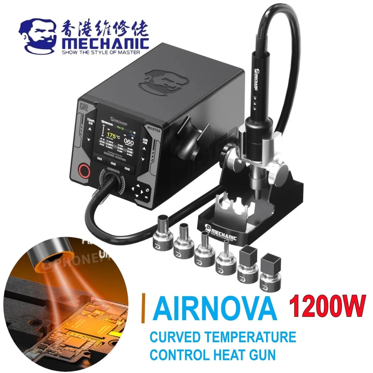 Pistola ad aria calda MECHANIC per rilavorazione BGA, stazione di saldatura 1200W con display digitale intelligente, pistola termica rapida per dissaldatura schede SMD